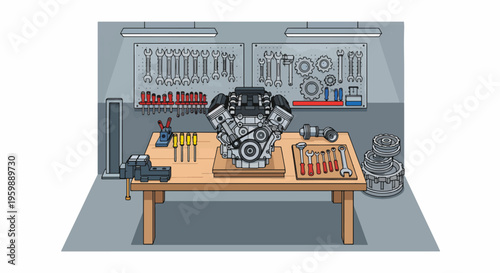 Automotive engine on a workbench with tools in a garage.