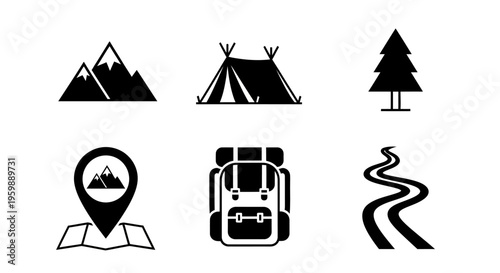 Set of black and white camping and hiking icons for outdoor adventures.