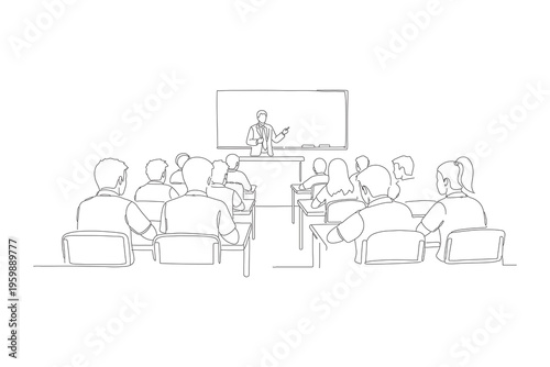 Continuous Line Drawing of a Classroom Scene with a Teacher Presenting to Students, Minimalist One Line Art Illustration