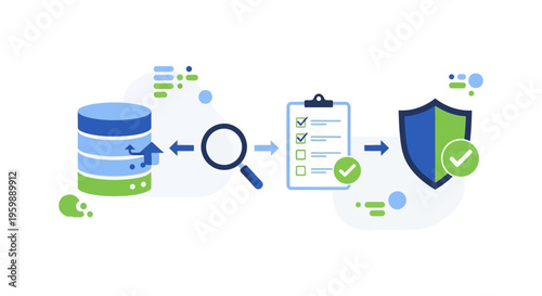 Data Audit, Security & Compliance Workflow Diagram. Database Inspection, Verification Checklist, and Cyber Protection Process Illustration.