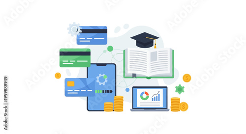Education Finance Management Illustration: Student Loan Payment, Mobile Banking, and Financial Literacy for E-Learning.