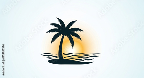 Silhouette of a palm tree on a tropical island at sunset.