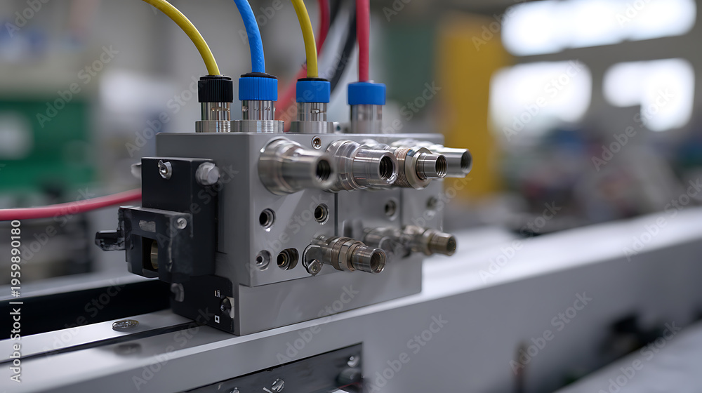 Fototapeta premium Close-up of a complex industrial connector hub with colorful cables, showcasing modern technology and precision engineering in a manufacturing environment