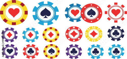 Casino Chip Icons with Card Suit Symbols Hearts Spades Diamonds and Clubs Colorful Poker Tokens for Gambling Games Betting Apps and Card Design
