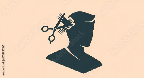 Silhouette of a person getting a haircut with scissors and comb.