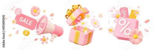 3D spring sale icon set with megaphone gift box shopping bag flowers and discount symbols for retail promotion design