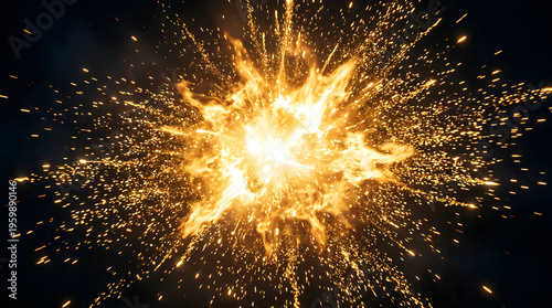 Fiery explosion with golden sparks and glowing fire particles over black background representing powerful energy blast dynamic burst of light and heat for cinematic effects abstract visual element