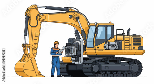 Construction worker inspecting a large yellow excavator on a white background.