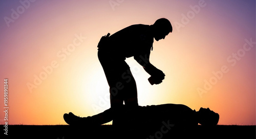 Silhouette of a person kneeling over another person against a sunset.
