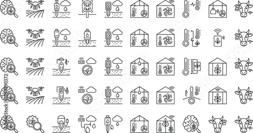Smart agriculture monitoring icon set with drones sensors greenhouse climate irrigation livestock and precision farming