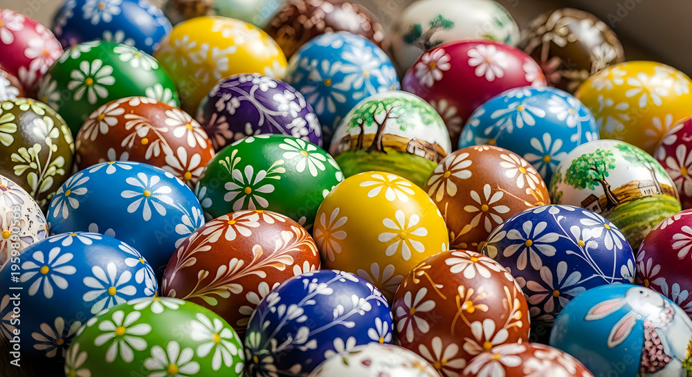 Fototapeta premium A pile of colorful easter eggs with white flowers