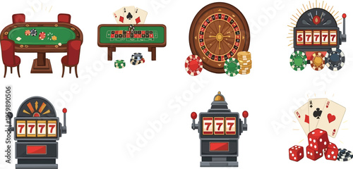 Casino Gambling Illustration Set with Roulette Table Slot Machine Playing Cards Dice and Chips for Betting Games Entertainment Design and Vegas Style Graphics
