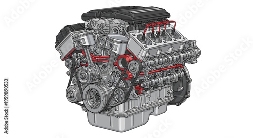 Detailed illustration of a car engine with red wires and belts