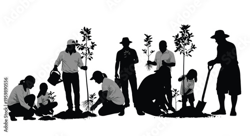 Diverse group of people planting trees and watering saplings for environmental sustainability and growth