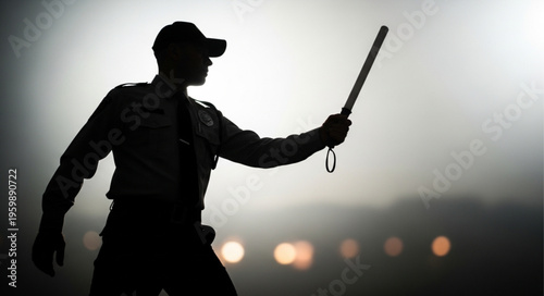 Silhouette of a Police Officer Holding a Baton in the Dark.