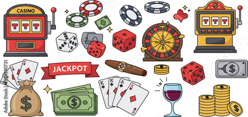 Casino Gambling Illustration Set with Slot Machine Roulette Dice Playing Cards Chips Money and Jackpot Elements for Betting Games and Vegas Style Designs