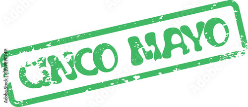 A vibrant green distressed rubber stamp impression displaying the bold text Cinco Mayo for holiday celebration