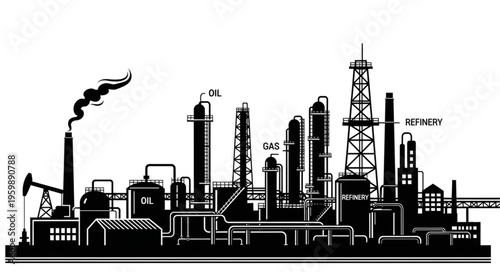 Silhouette of an Industrial Oil Refinery Complex with Towers and Chimneys.