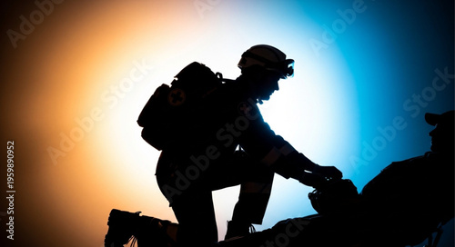 Silhouette of a Soldier Kneeling with Backpack in Dramatic Lighting.