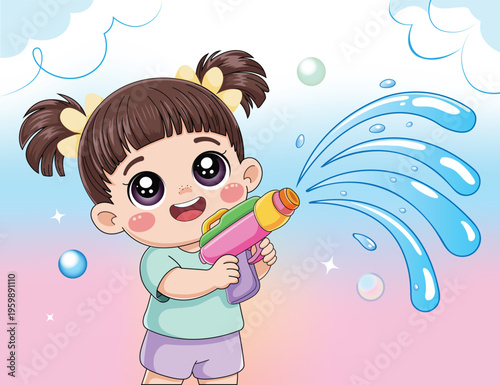 Cute kid playing with water gun splashing water cartoon girl