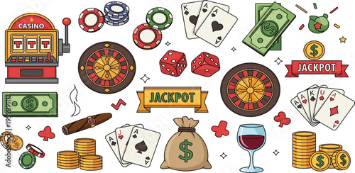 Casino Gambling Illustration Set with Slot Machine Roulette Dice Playing Cards Money Chips and Jackpot Elements for Betting Games Entertainment and Vegas Style Designs