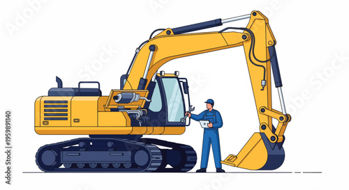 Heavy Equipment Mechanic Inspecting a Large Yellow Excavator.