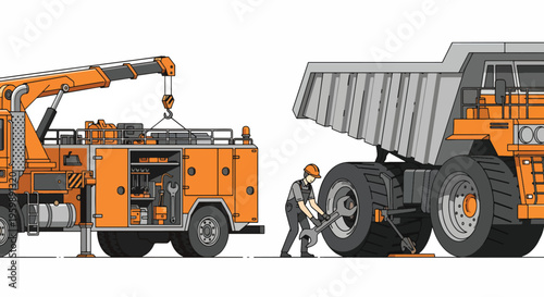 Heavyduty mining truck tire change with crane service vehicle.