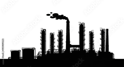 Silhouette of Industrial Plant with Smoke Emission Against White Background.