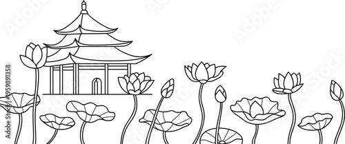 Asian pagoda temple with lotus flowers pond landscape line art coloring page for travel culture and nature design, vector illustration
