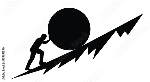 Silhouette of a determined man pushing a large boulder up a jagged mountain path graphic