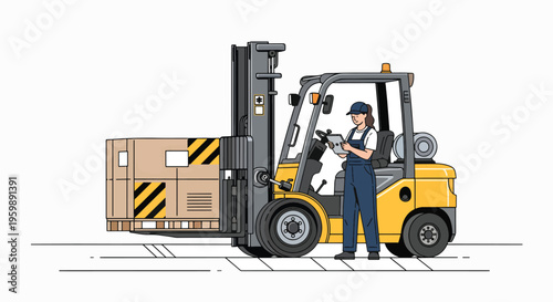 Female worker operating a forklift with cargo boxes in a warehouse setting.