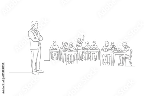 Continuous Line Drawing of a Teacher Leading a Classroom, Mentor Guiding Students in a Modern Learning Environment, Minimalist Line Art Illustration