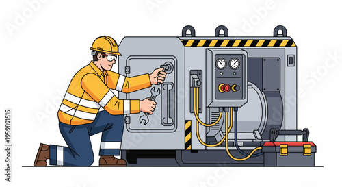 Industrial worker in safety gear repairing heavy machinery with tools.