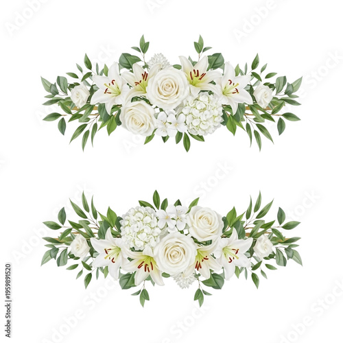A floral arrangement with white roses and lilies isolated on transparent background