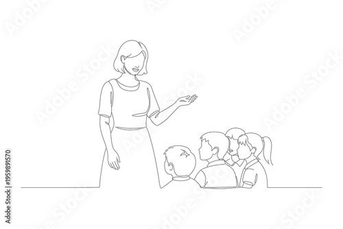 Continuous Line Drawing of a Teacher Mentoring a Group of Students in a Classroom Setting, Minimalist One Line Art