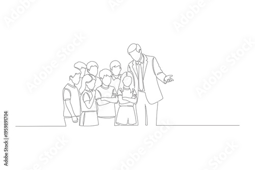 Continuous Line Drawing of a Teacher Mentoring a Group of Students, Minimalist One Line Art Illustration