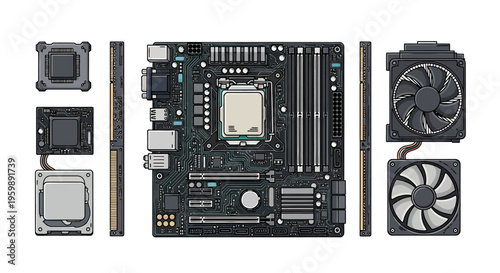 Computer motherboard and components illustration
