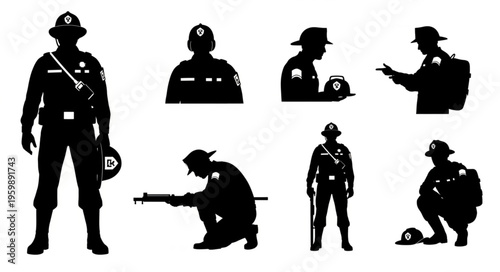 Silhouetted Figures of Wildland Firefighters in Various Poses.