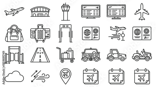 Set of 25 Outline Airport and Travel Icons Vector