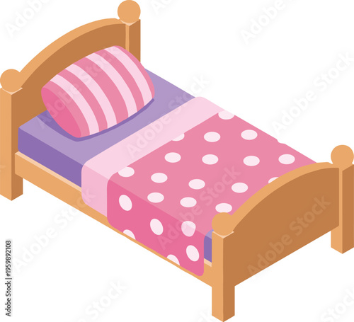 Isometric vector illustration of single wooden bed with purple mattress, pink polka‑dot blanket, striped pillow, and rounded headboard posts for interior design concepts.