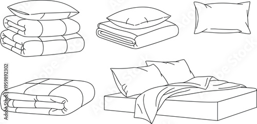 Black and white bedding icon set with pillows, comforters, and blankets, vector illustration for furniture catalogs and interior design