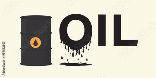 Black oil barrel stands next to the word - OIL, which has black liquid dripping from the letter O to form puddle. Running out of fuel. environmental damage from fossil fuels.