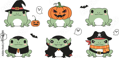 Cute Halloween Frog Characters Set with Costumes Pumpkin Ghost Bat and Cartoon Animal Illustrations for Kids Stickers Party Designs and Festive Decorations