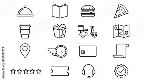 Set of 16 Food Delivery and Restaurant Service Line Icons Vector