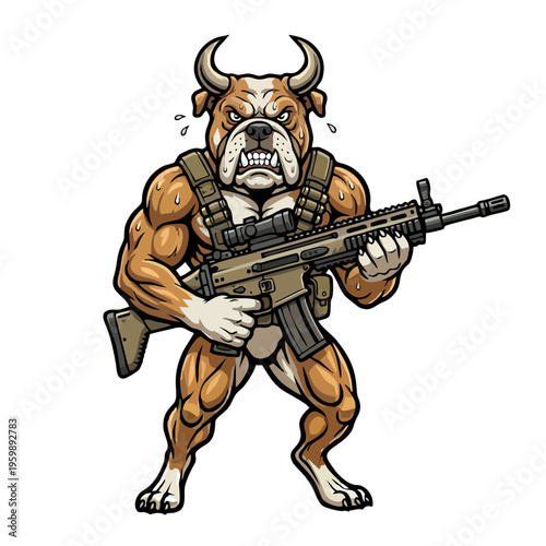 a sturdy dog ​​holding a rifle