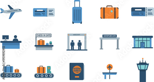 Global Aviation and Airport Operations Icon Set featuring Flight Logistics, Passenger Processing, and International Travel Security