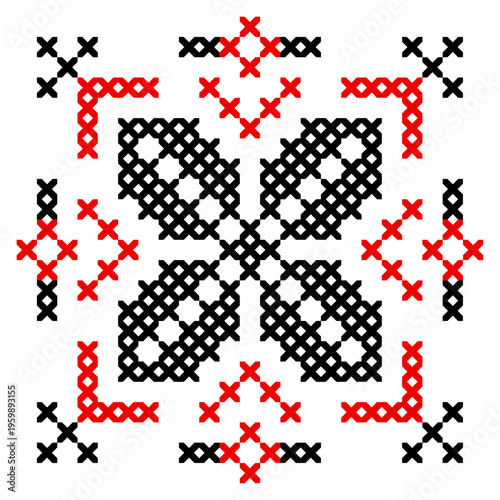 Cross stitch embroidery ornament isolated on white, traditional Ukrainian Vyshyvanka element in red and black