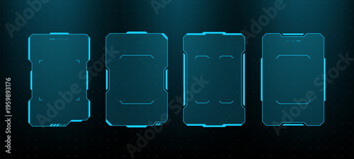 Set of blue glowing hud vector graphics frames. Futuristic user interface display elements for digital screen. High tech infographic containers for data visualization and game design.