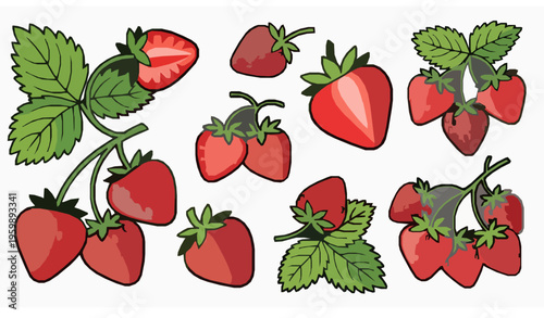 Stylized cartoon strawberry vector set with fresh berries, leaves, and stems isolated on white background
