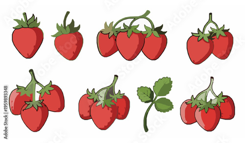 Hand-drawn strawberry vector illustration set with berries, leaves, and stems in colorful cartoon style
